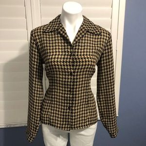 Emma James Tan and Black Blouse